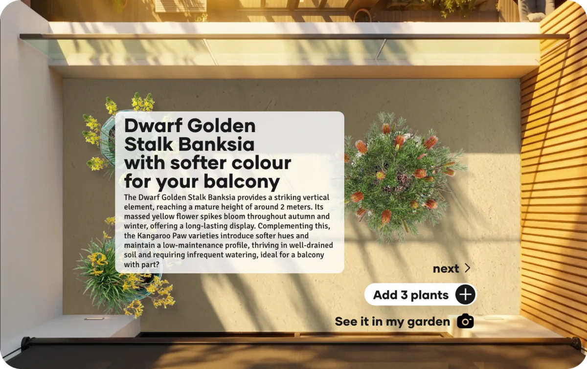 A planted balcony layout with a varied mix of greenery